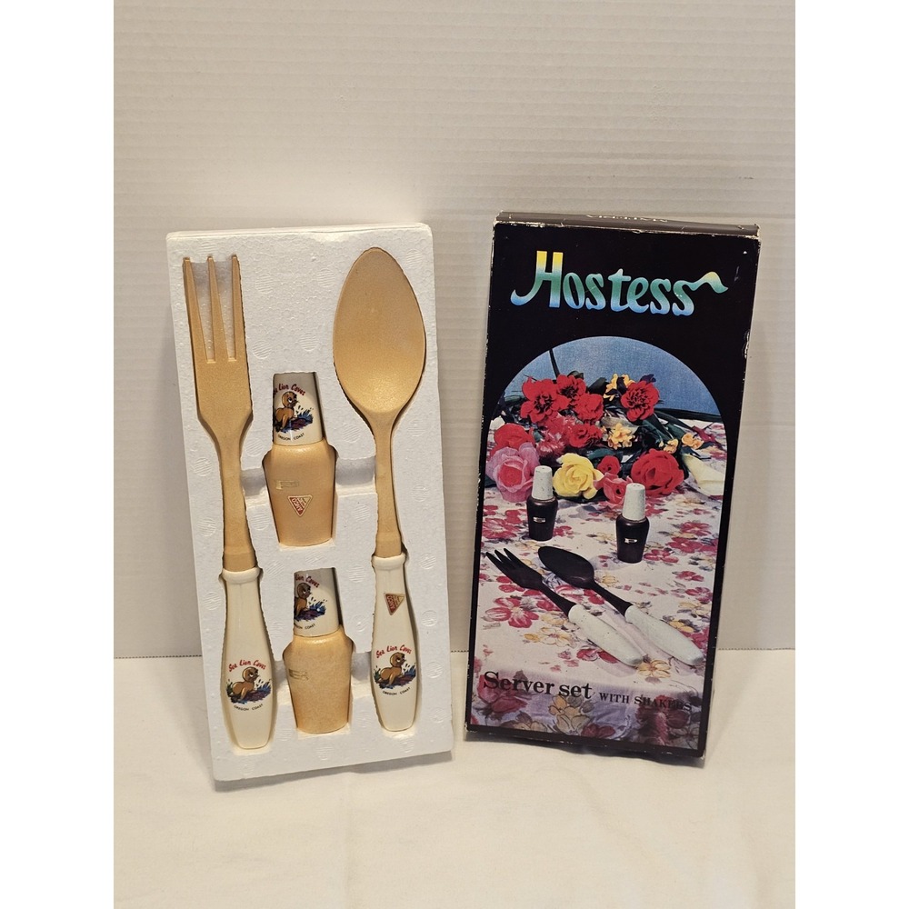 Vintage 1970s Materia Hostess Wooden Ceramic Serving Set Sea Lion Caves Japan